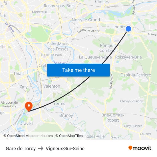 Gare de Torcy to Vigneux-Sur-Seine map