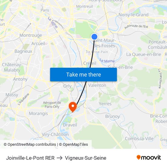Joinville-Le-Pont RER to Vigneux-Sur-Seine map