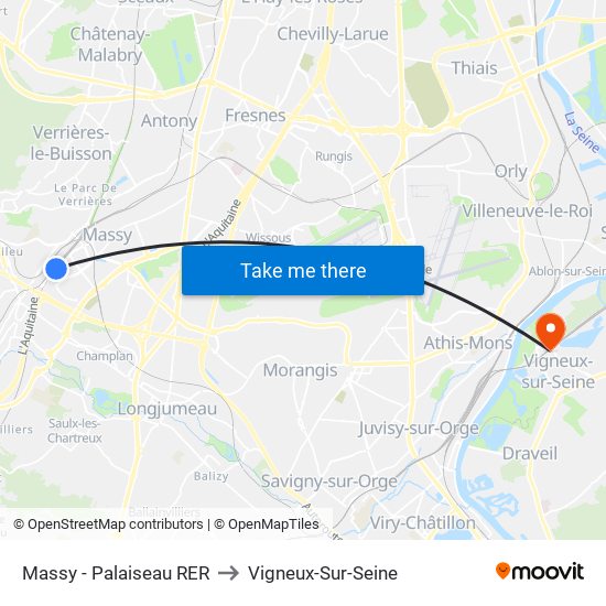 Massy - Palaiseau RER to Vigneux-Sur-Seine map