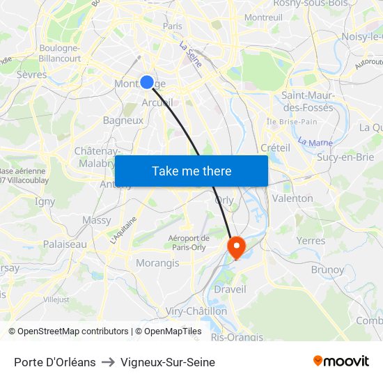 Porte D'Orléans to Vigneux-Sur-Seine map