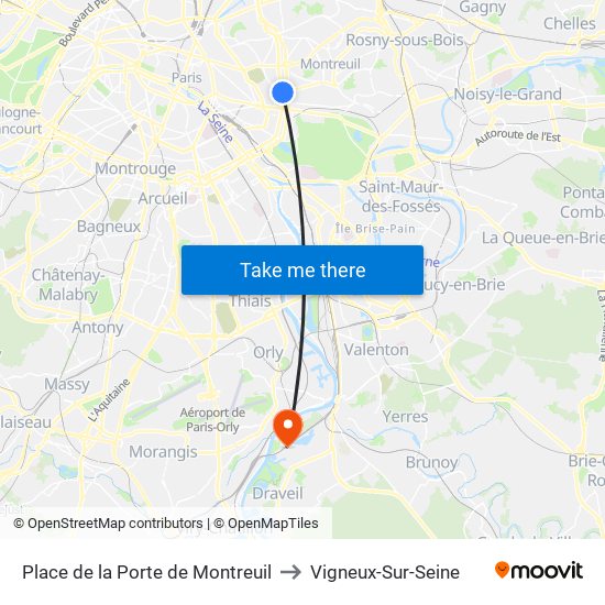 Place de la Porte de Montreuil to Vigneux-Sur-Seine map