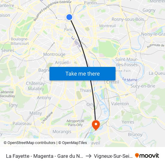 La Fayette - Magenta - Gare du Nord to Vigneux-Sur-Seine map
