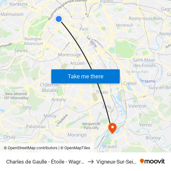 Charles de Gaulle - Étoile - Wagram to Vigneux-Sur-Seine map