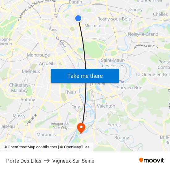 Porte Des Lilas to Vigneux-Sur-Seine map