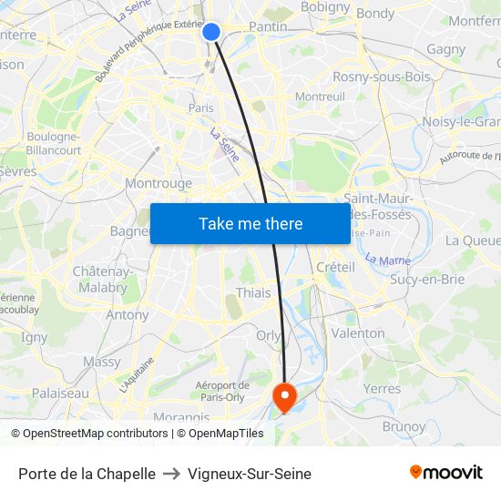Porte de la Chapelle to Vigneux-Sur-Seine map