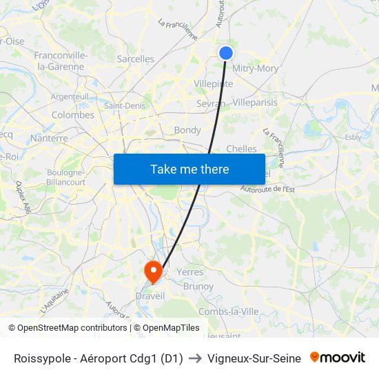 Roissypole - Aéroport Cdg1 (D1) to Vigneux-Sur-Seine map