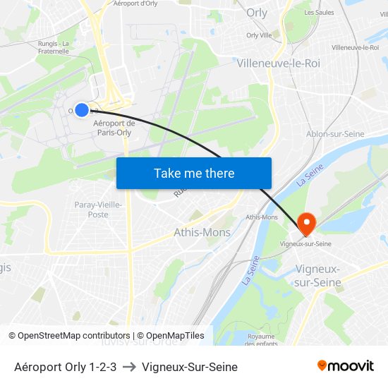 Aéroport Orly 1-2-3 to Vigneux-Sur-Seine map