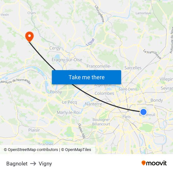 Bagnolet to Vigny map