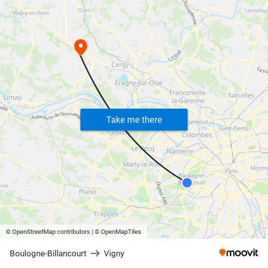 Boulogne-Billancourt to Vigny map