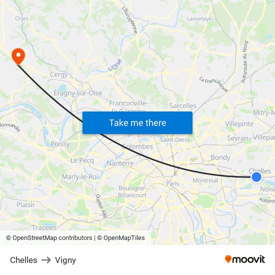 Chelles to Vigny map