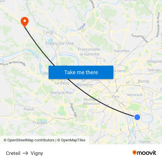 Creteil to Vigny map