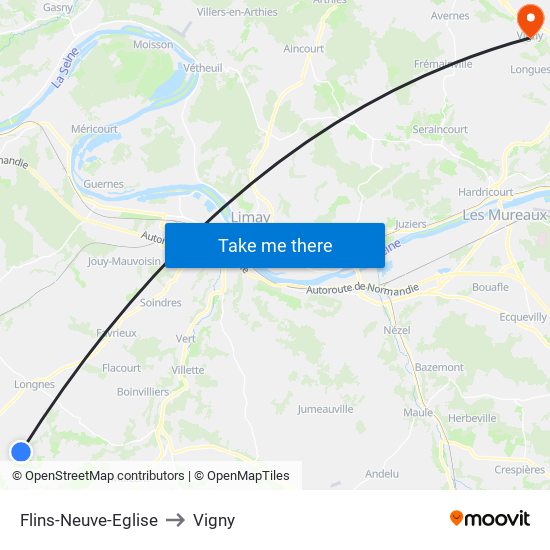 Flins-Neuve-Eglise to Vigny map