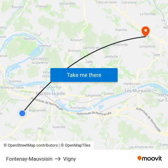 Fontenay-Mauvoisin to Vigny map