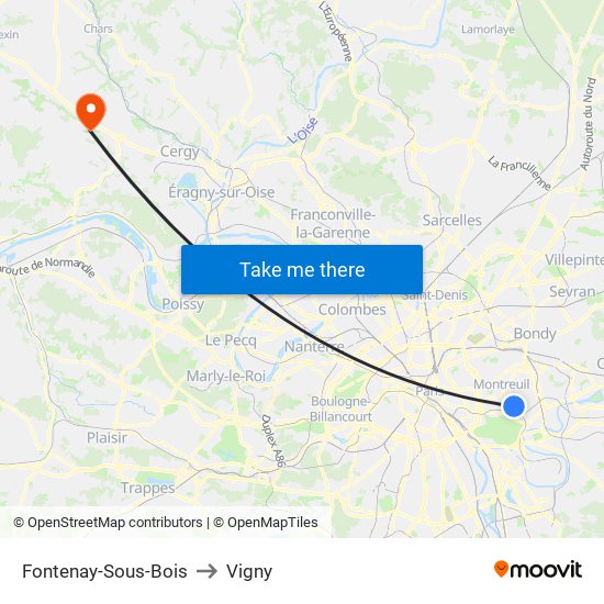 Fontenay-Sous-Bois to Vigny map