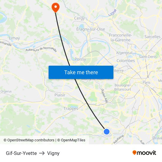 Gif-Sur-Yvette to Vigny map