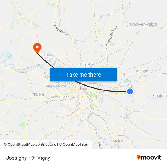 Jossigny to Vigny map