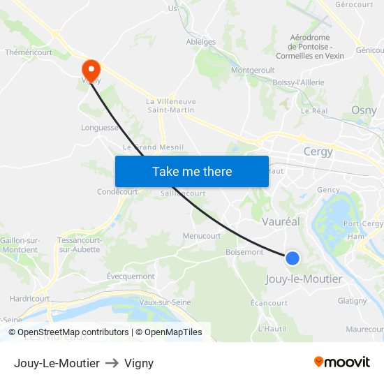 Jouy-Le-Moutier to Vigny map