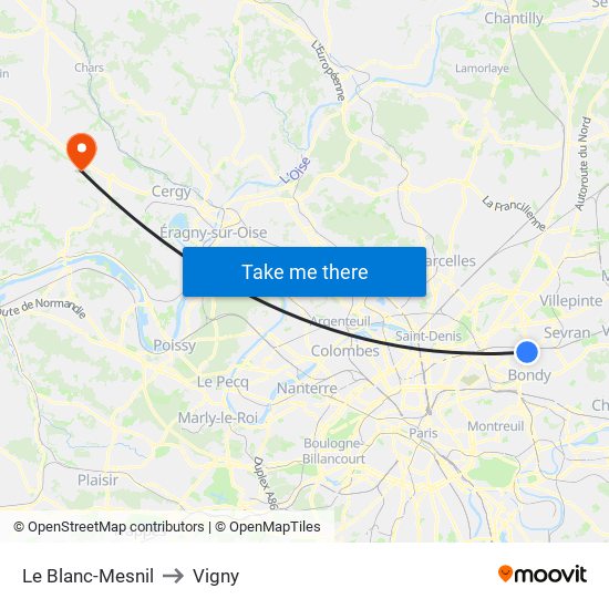 Le Blanc-Mesnil to Vigny map