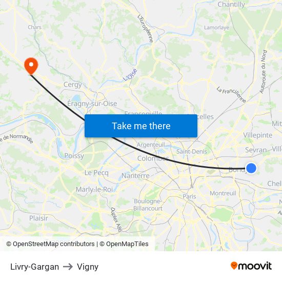 Livry-Gargan to Vigny map