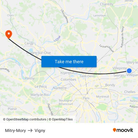 Mitry-Mory to Vigny map