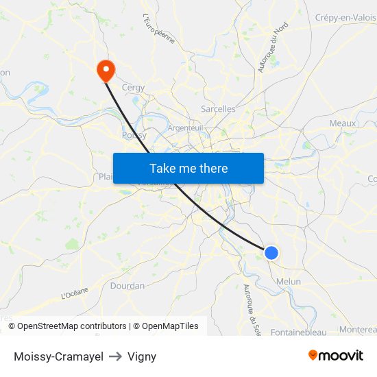 Moissy-Cramayel to Vigny map