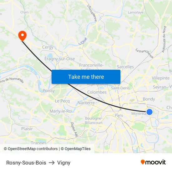 Rosny-Sous-Bois to Vigny map