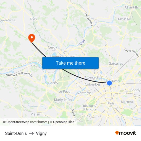 Saint-Denis to Vigny map