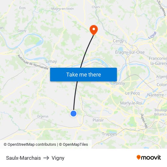 Saulx-Marchais to Vigny map