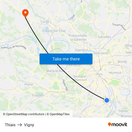 Thiais to Vigny map