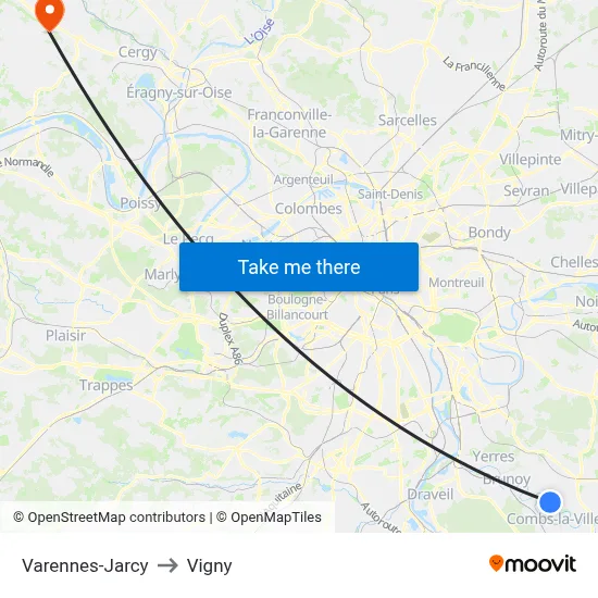 Varennes-Jarcy to Vigny map