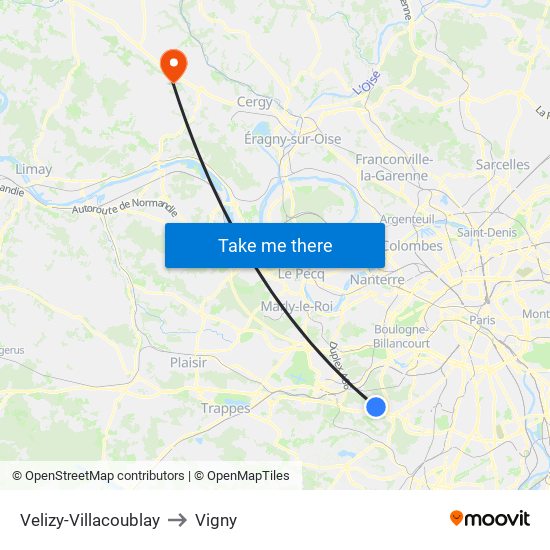 Velizy-Villacoublay to Vigny map