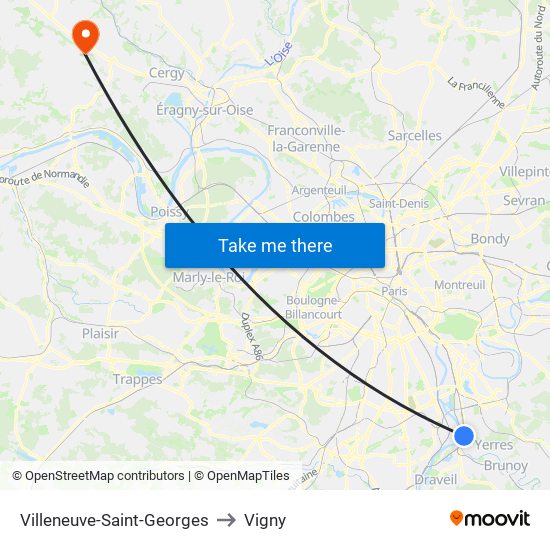 Villeneuve-Saint-Georges to Vigny map