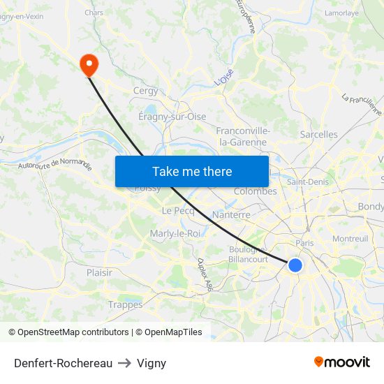 Denfert-Rochereau to Vigny map