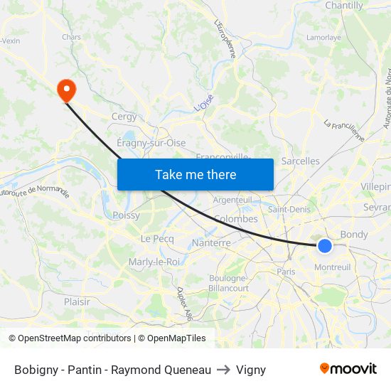 Bobigny - Pantin - Raymond Queneau to Vigny map
