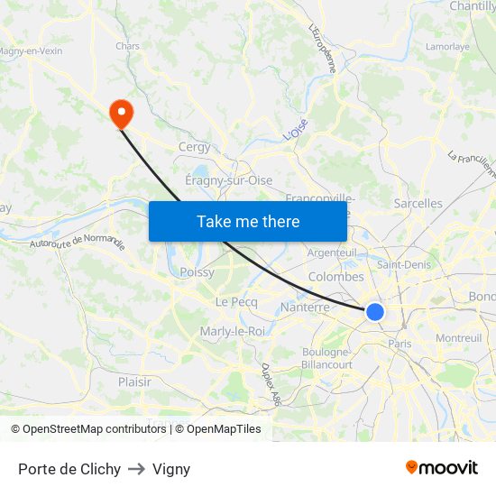 Porte de Clichy to Vigny map