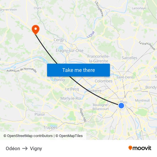 Odéon to Vigny map