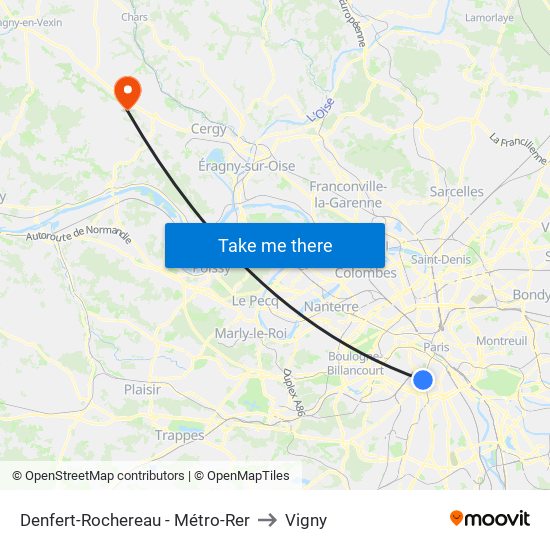Denfert-Rochereau - Métro-Rer to Vigny map