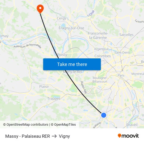 Massy - Palaiseau RER to Vigny map