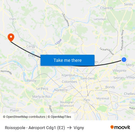 Roissypole - Aéroport Cdg1 (E2) to Vigny map