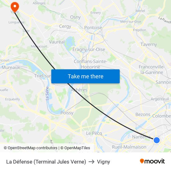 La Défense (Terminal Jules Verne) to Vigny map