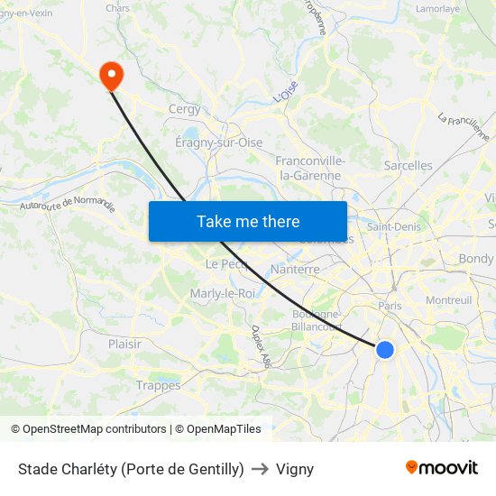 Stade Charléty (Porte de Gentilly) to Vigny map