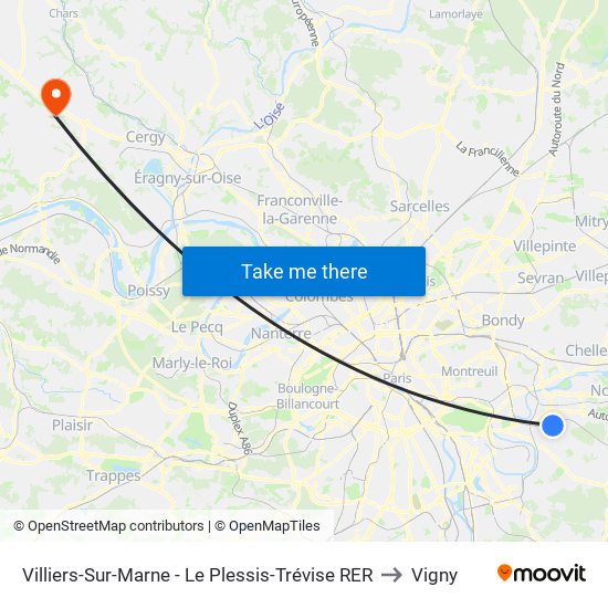 Villiers-Sur-Marne - Le Plessis-Trévise RER to Vigny map