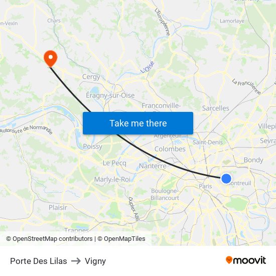 Porte Des Lilas to Vigny map