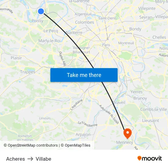 Acheres to Villabe map
