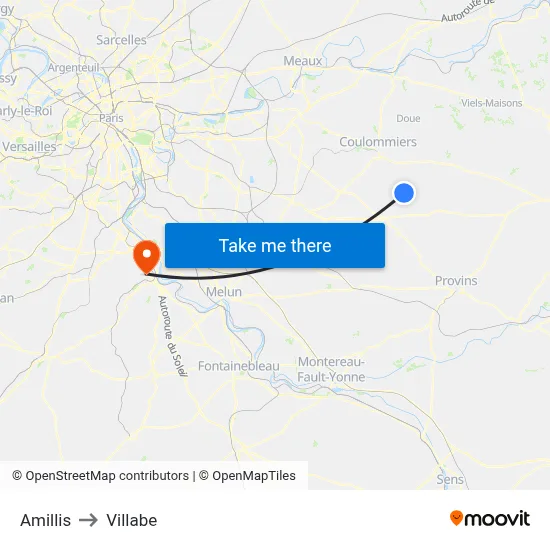 Amillis to Villabe map