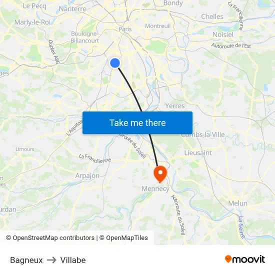 Bagneux to Villabe map