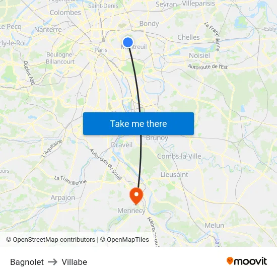 Bagnolet to Villabe map