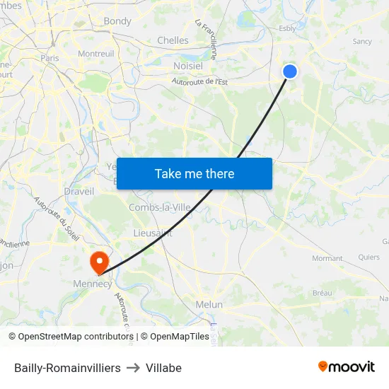 Bailly-Romainvilliers to Villabe map