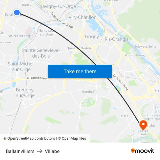 Ballainvilliers to Villabe map