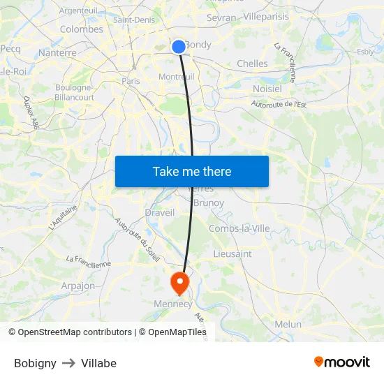 Bobigny to Villabe map